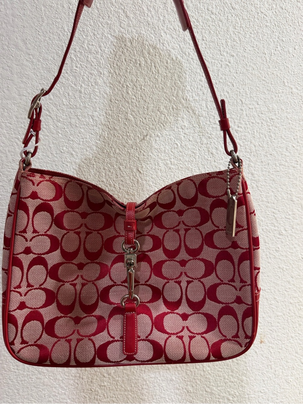 Coach Pink and Red Signature Jacquard Shoulder Bag